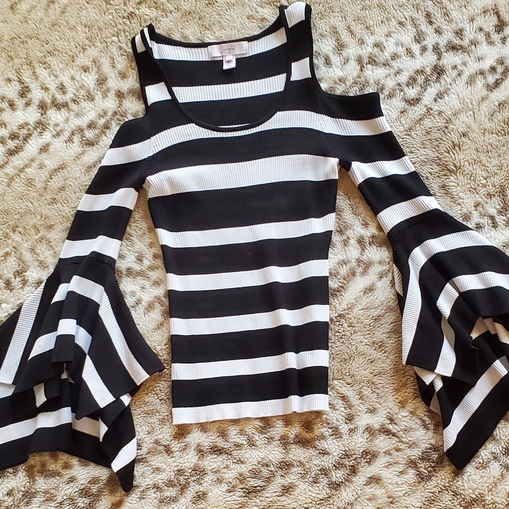 Scripted Cold Shoulder Striped Top - image 1